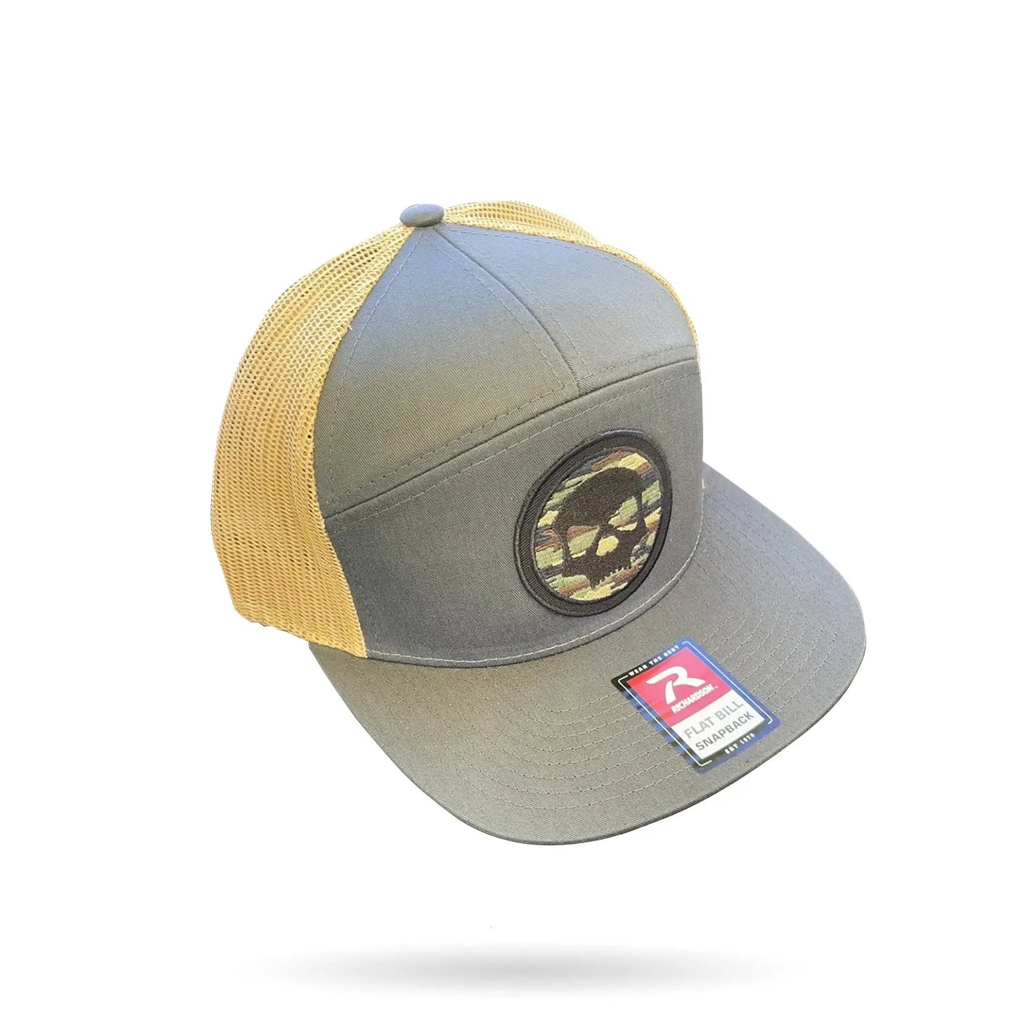 SKULL 7 Panel Adjustable Hat - GREY / TAN Infamous Paintball